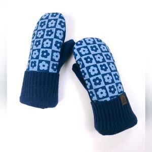 Upcycled Blue Daisy Denim and Wool Sweater Mittens: Sherpa Fleece Lined Adult M